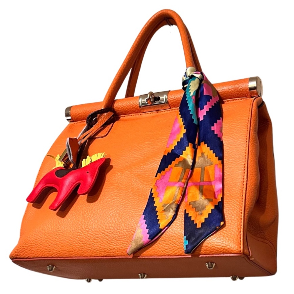 Made in Italy Leather Borse in Pelle Satchel with Bag Charms and Scarf